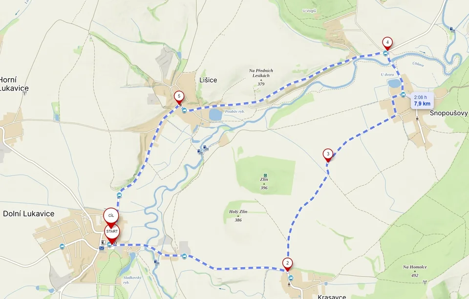 Mapa Úhlava Mini Tour přes Dolní Lukavici, Krasavce, Snopoušovy a Lišice.