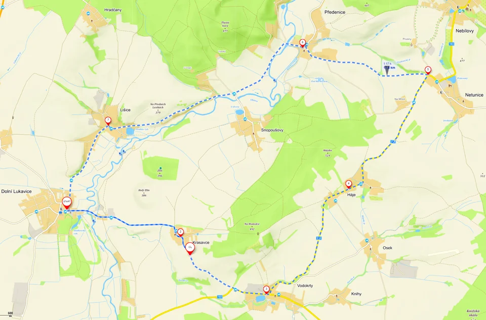 Mapa okruhu Úhlava Tour přes Dolní Lukavici, Krasavce, Vodokrty, Háje, Netunice, Předenice a Lišice.
